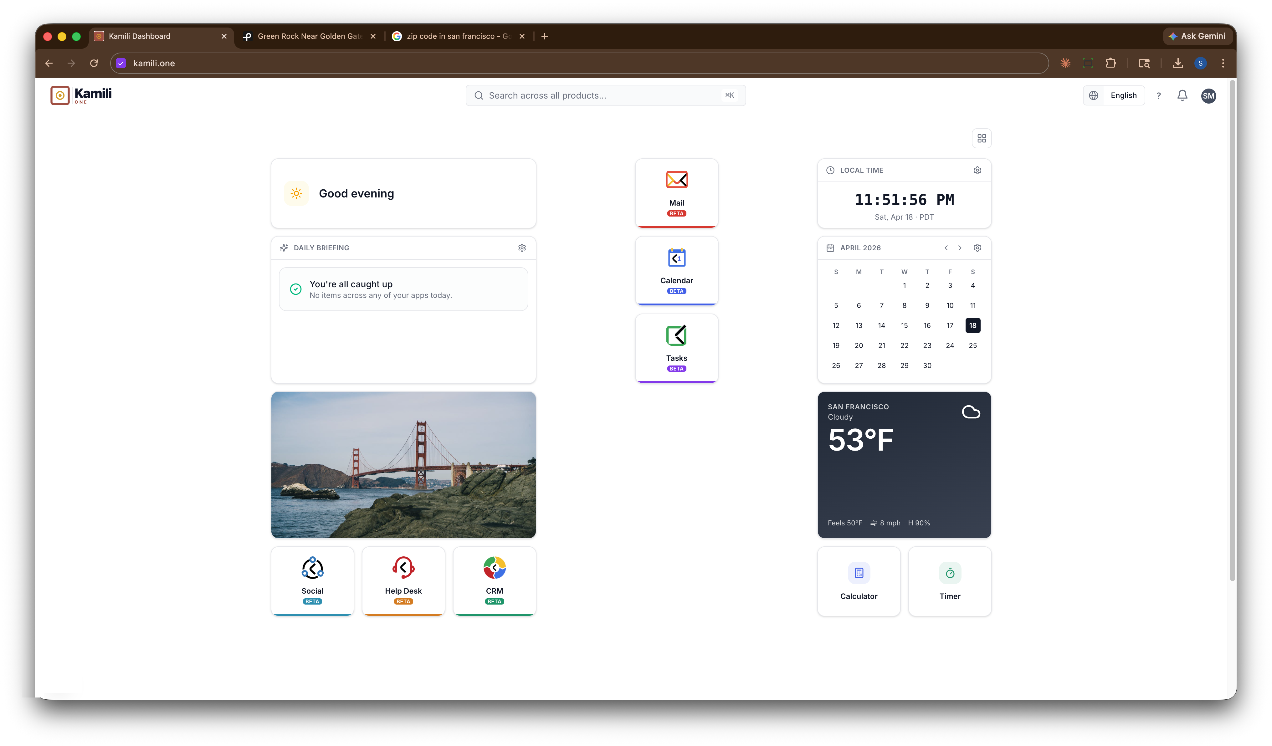 Kamili One dashboard — briefing, calendar, weather, and apps in one view