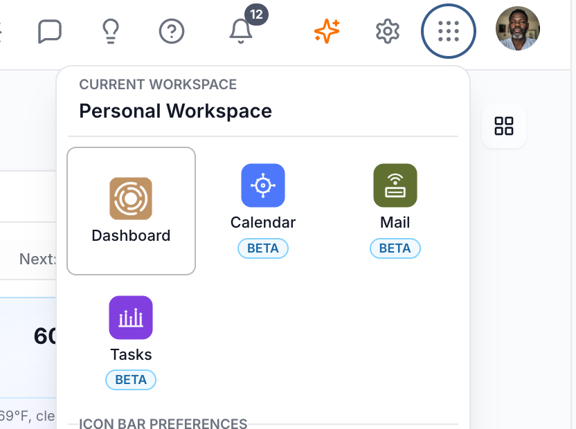 Workspace app switcher with Dashboard, Calendar, Mail, and Tasks